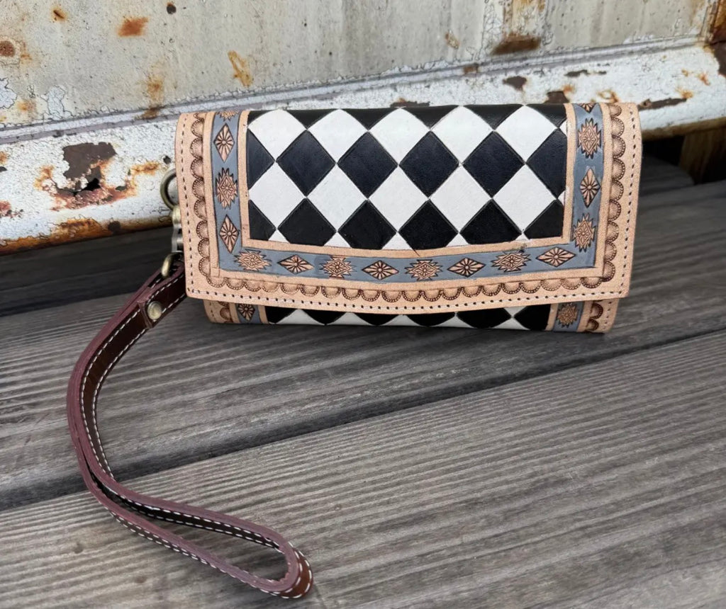 Checkered Tooled Leather Wallet